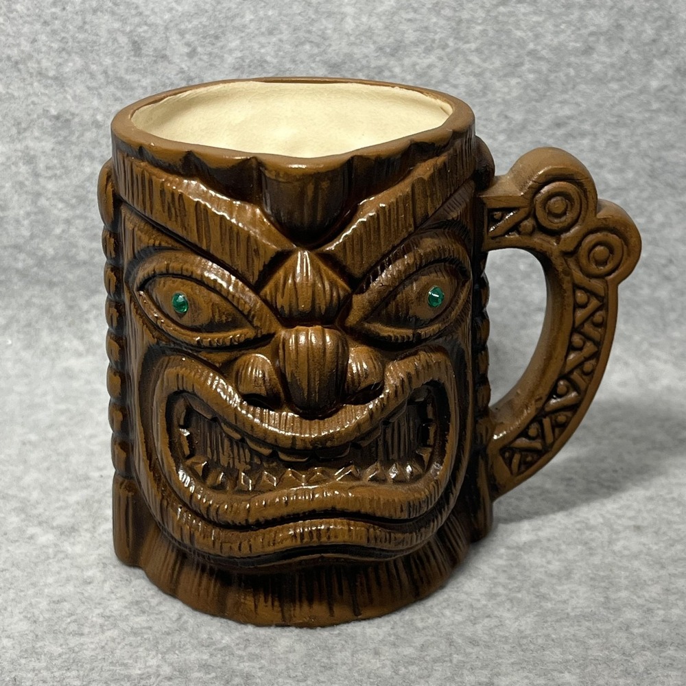 Vintage Faux Wooden TIKI Coffee Mug Ceramic Hawaii Green Eyes Brown Retro